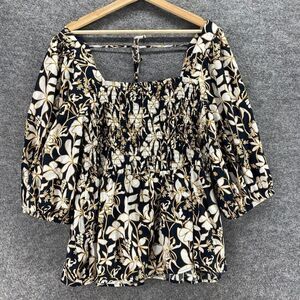 Ava & Viv Blouse Women 1X Plus Black Floral Square Neck 3/4 Sleeve Cotton Casual